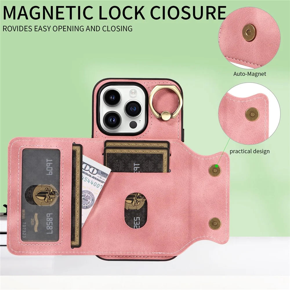 For iPhone 15 Plus PU Leather+TPU Cover Skin-touch Feeling Phone Case Card Holder Kickstand Phone Shell - Pink - 5