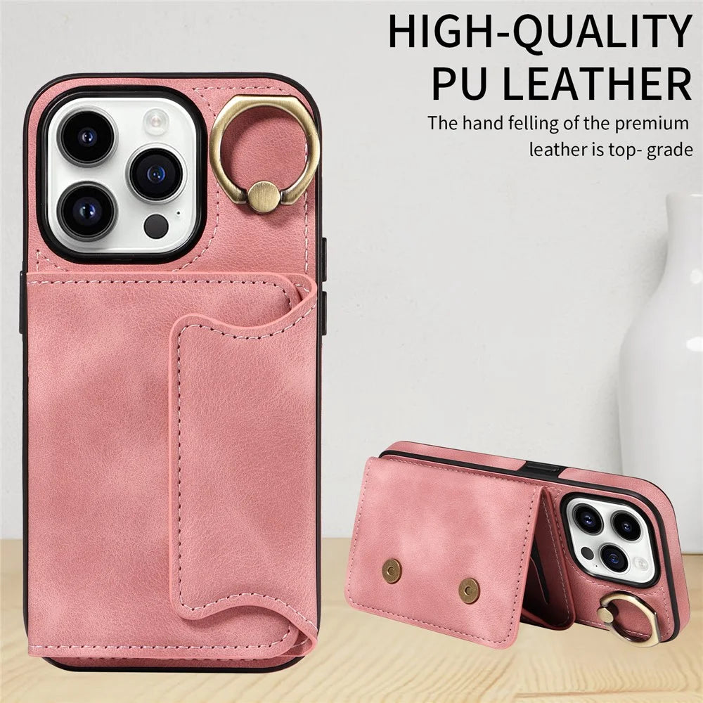 For iPhone 15 Plus PU Leather+TPU Cover Skin-touch Feeling Phone Case Card Holder Kickstand Phone Shell - Pink - 6