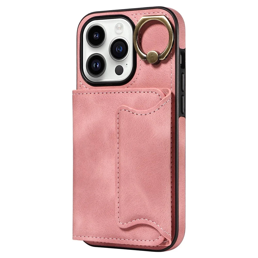 For iPhone 15 Plus PU Leather+TPU Cover Skin-touch Feeling Phone Case Card Holder Kickstand Phone Shell - Pink - 7