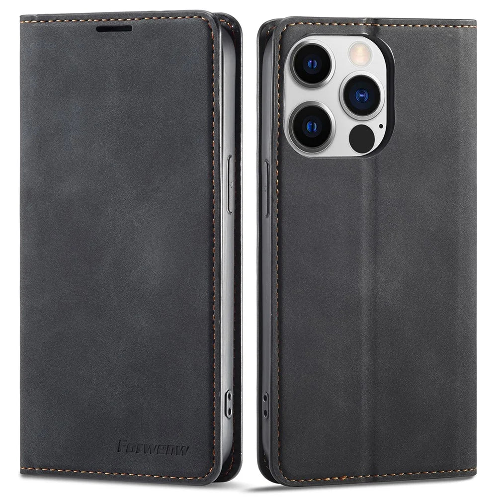 FORWENW Fantasy Series Phone Case for iPhone 15 Pro , Skin-touch Leather Phone Cover Shell Wallet - Black - 1