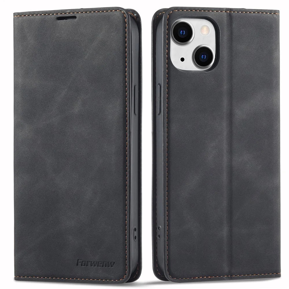 FORWENW Fantasy Series for iPhone 15 Plus Shockproof Wallet Phone Case Skin-touch Leather Wallet Phone Cover - Black - 1