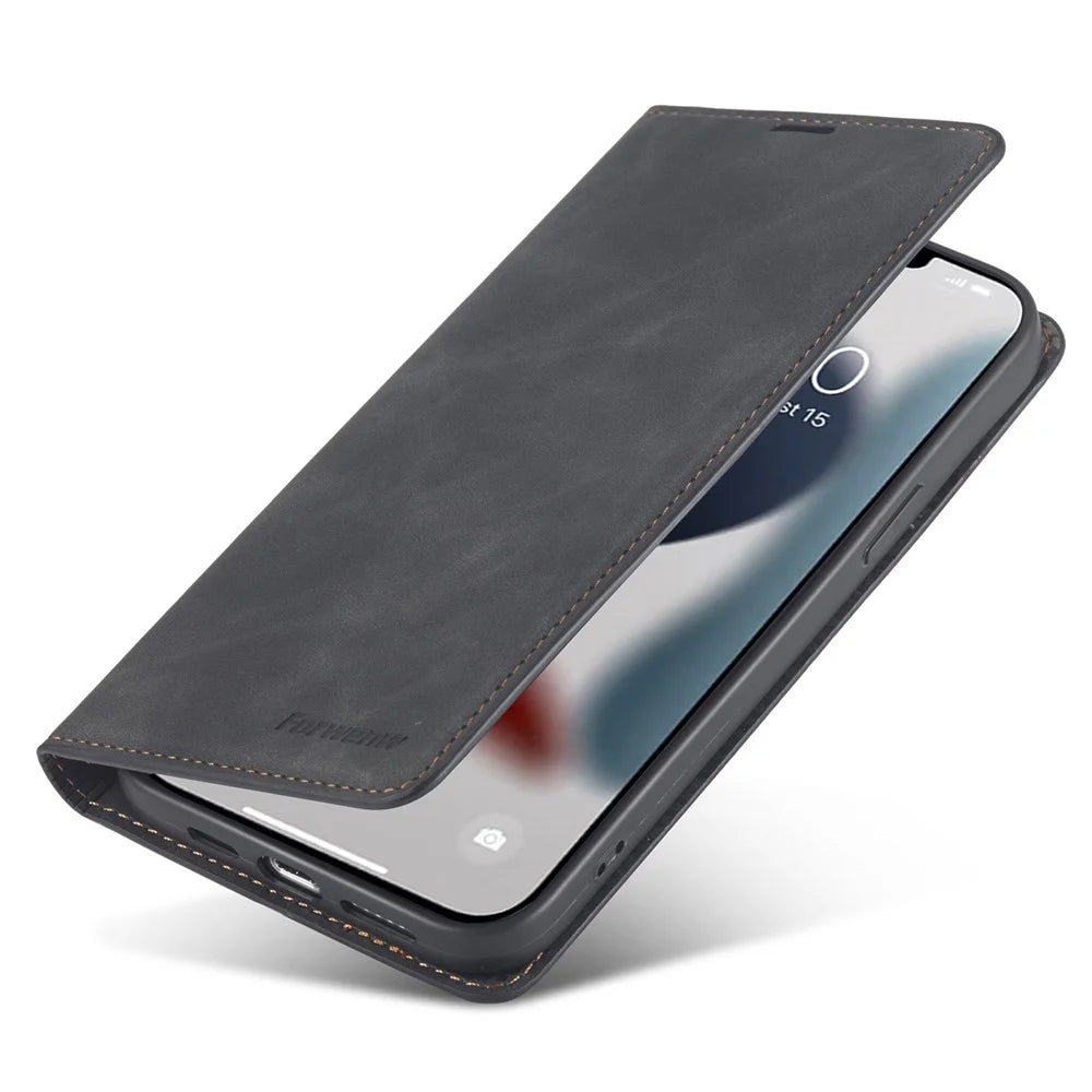 FORWENW Fantasy Series for iPhone 15 Plus Shockproof Wallet Phone Case Skin-touch Leather Wallet Phone Cover - Black - 4