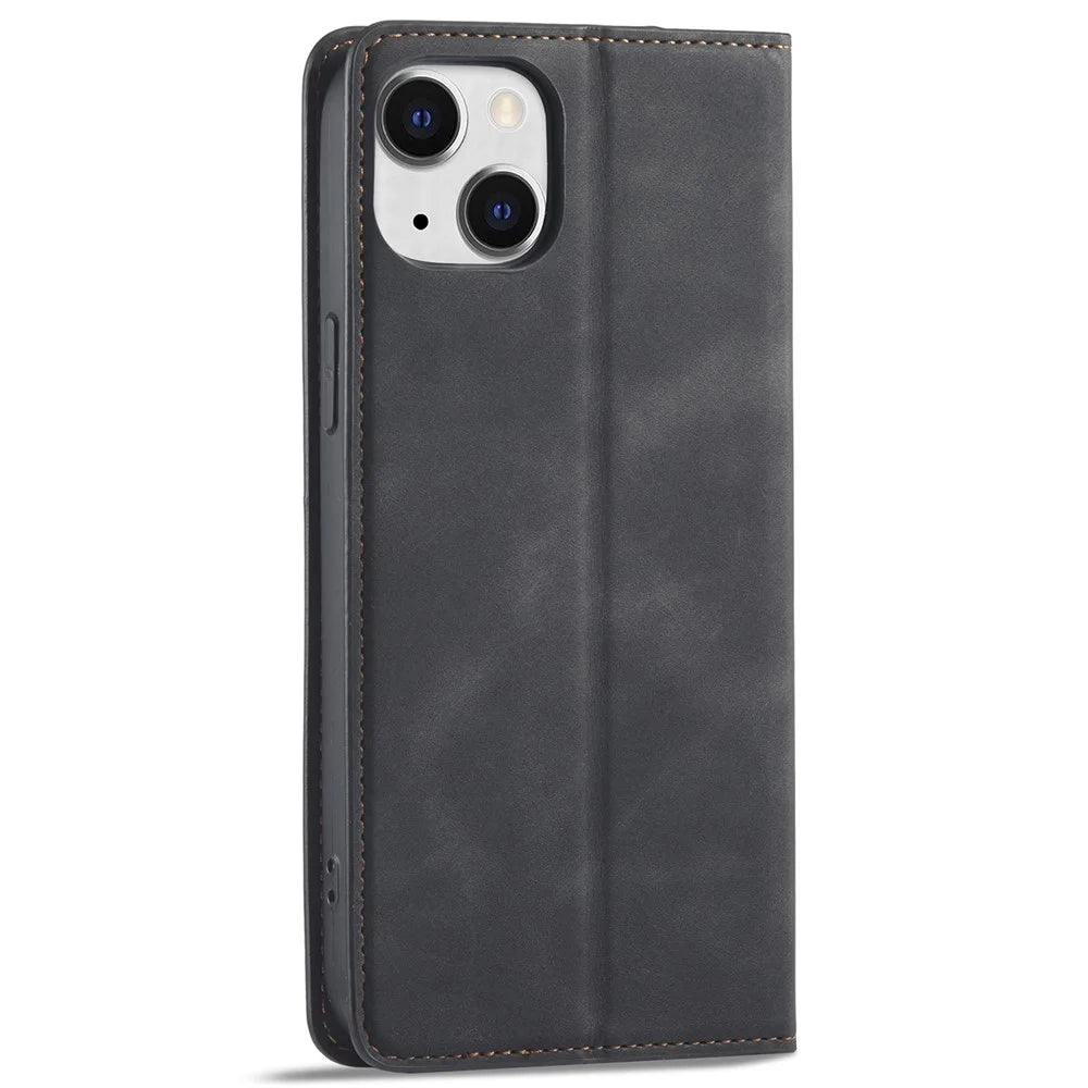 FORWENW Fantasy Series for iPhone 15 Plus Shockproof Wallet Phone Case Skin-touch Leather Wallet Phone Cover - Black - 6