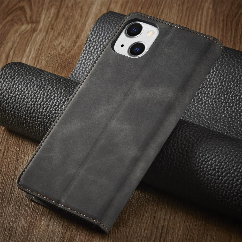 FORWENW Fantasy Series for iPhone 15 Plus Shockproof Wallet Phone Case Skin-touch Leather Wallet Phone Cover - Black - 7