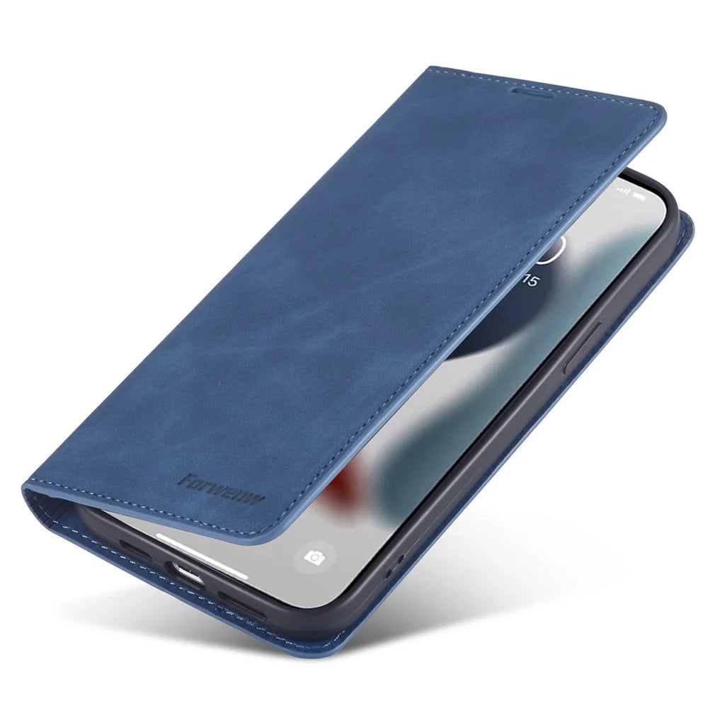 FORWENW Fantasy Series for iPhone 15 Anti-Scratch Phone Case Skin-touch Leather Phone Cover Wallet - Blue - 4