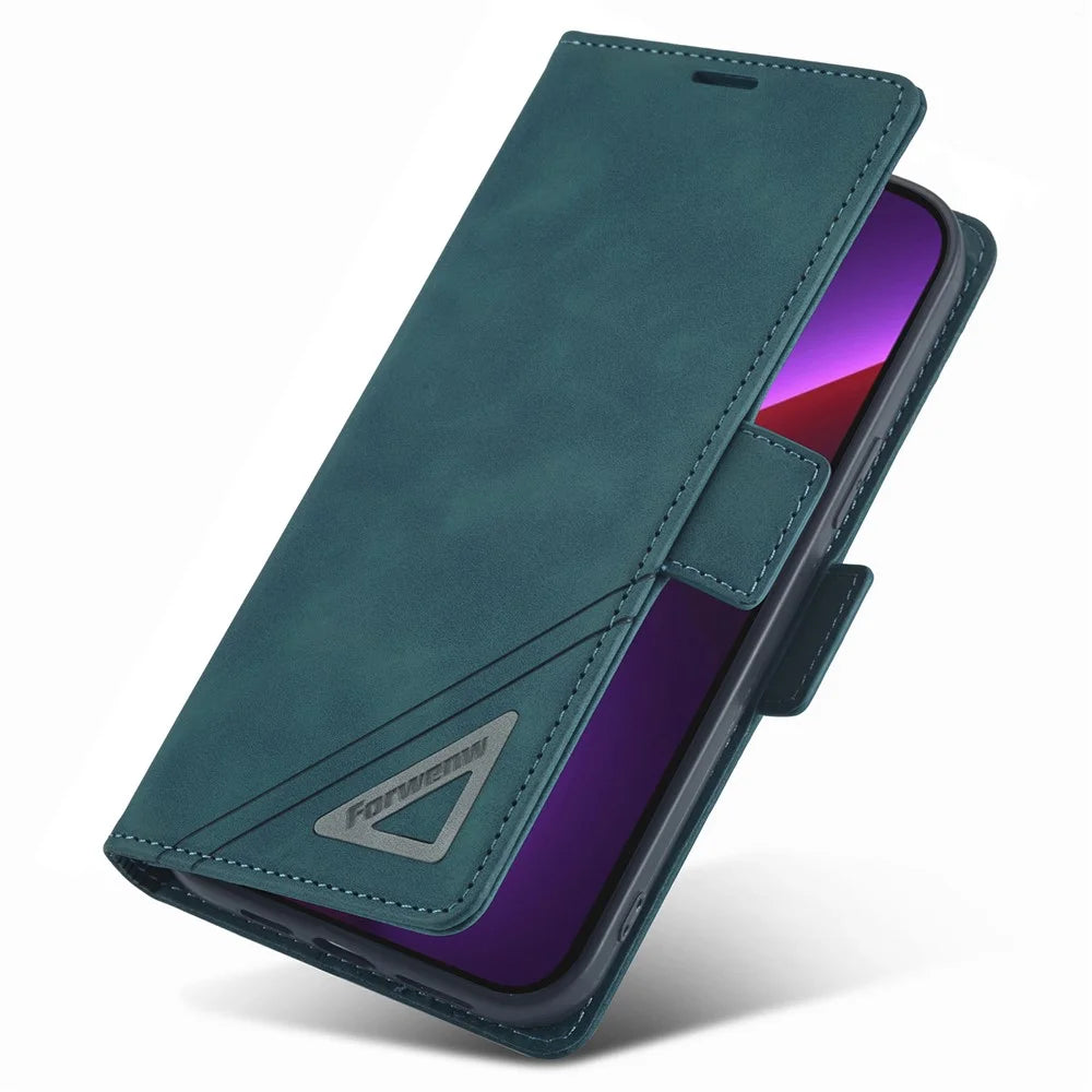 FORWENW F3 Series For iPhone 15 Anti-Scratch Phone Case Leather Wallet Phone Cover Flip Stand Shell - Green - 4