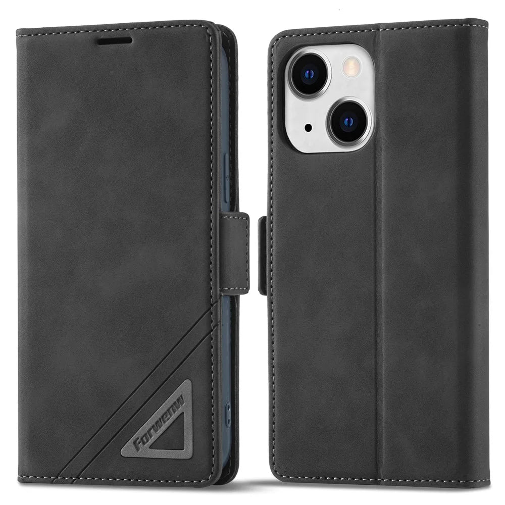FORWENW F3 Series For iPhone 15 Plus Flip Leather Wallet Shell Phone Stand Case Anti-fall Phone Cover - Black - 1