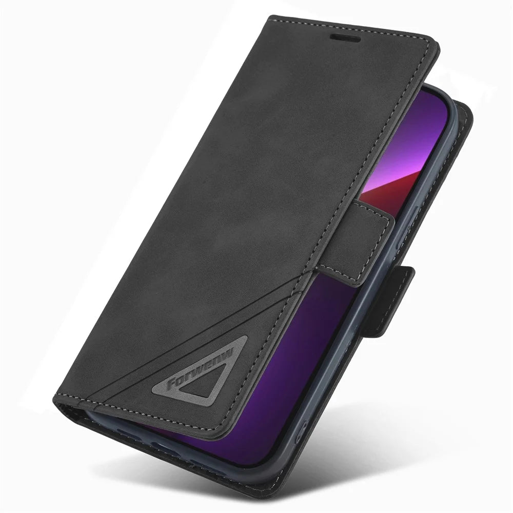 FORWENW F3 Series For iPhone 15 Plus Flip Leather Wallet Shell Phone Stand Case Anti-fall Phone Cover - Black - 4