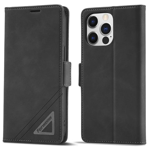 FORWENW F3 Series For iPhone 15 Pro Max Shockproof Wallet Phone Stand Case Phone Cover Flip Leather Shell - Black - 1