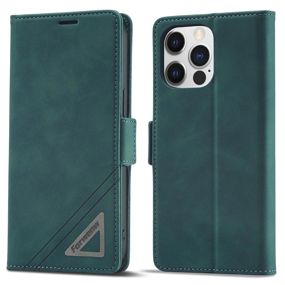 FORWENW F3 Series For iPhone 15 Pro Anti-fall Phone Cover Flip Leather Wallet Phone Stand Case - Green - 1