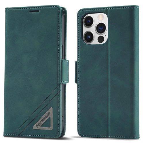FORWENW F3 Series For iPhone 15 Pro Anti-fall Phone Cover Flip Leather Wallet Phone Stand Case - Green - 1