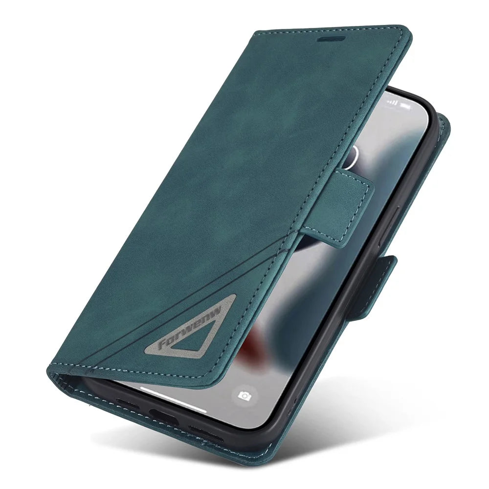 FORWENW F3 Series For iPhone 15 Pro Anti-fall Phone Cover Flip Leather Wallet Phone Stand Case - Green - 4