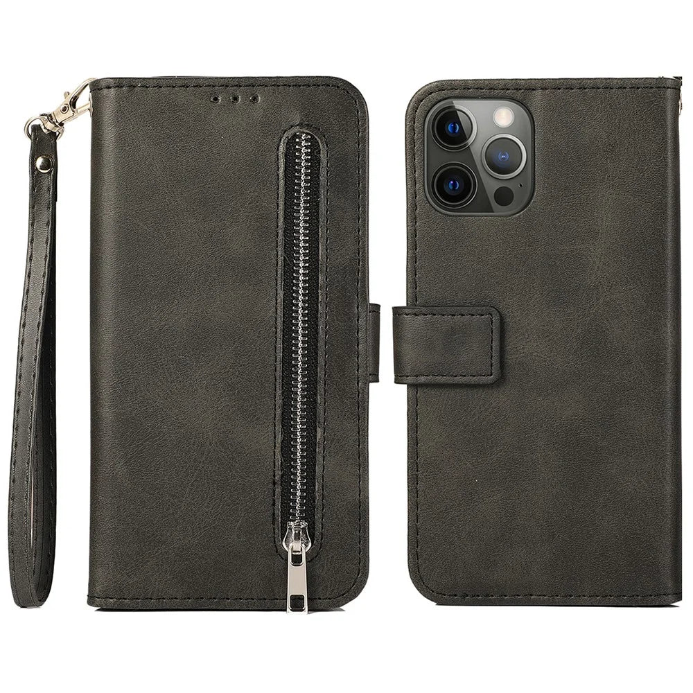 For iPhone 15 Pro Zipper Pocket Phone Case 5 Card Slots Calf Texture PU Leather Stand Cover - Black - 1