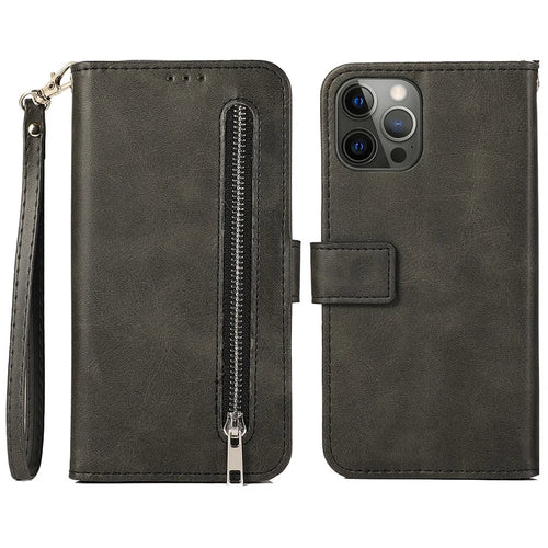 For iPhone 15 Pro Zipper Pocket Phone Case 5 Card Slots Calf Texture PU Leather Stand Cover - Black - 1