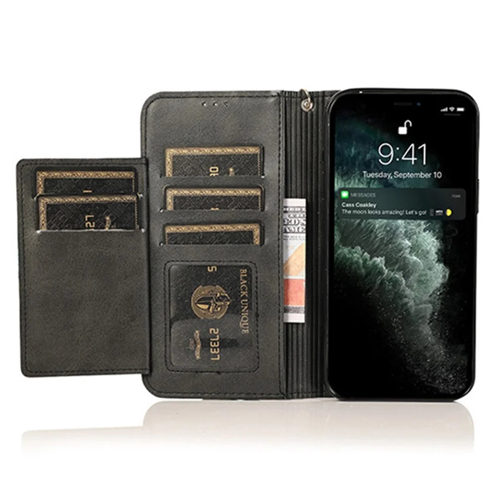 For iPhone 15 Pro Zipper Pocket Phone Case 5 Card Slots Calf Texture PU Leather Stand Cover - Black - 2