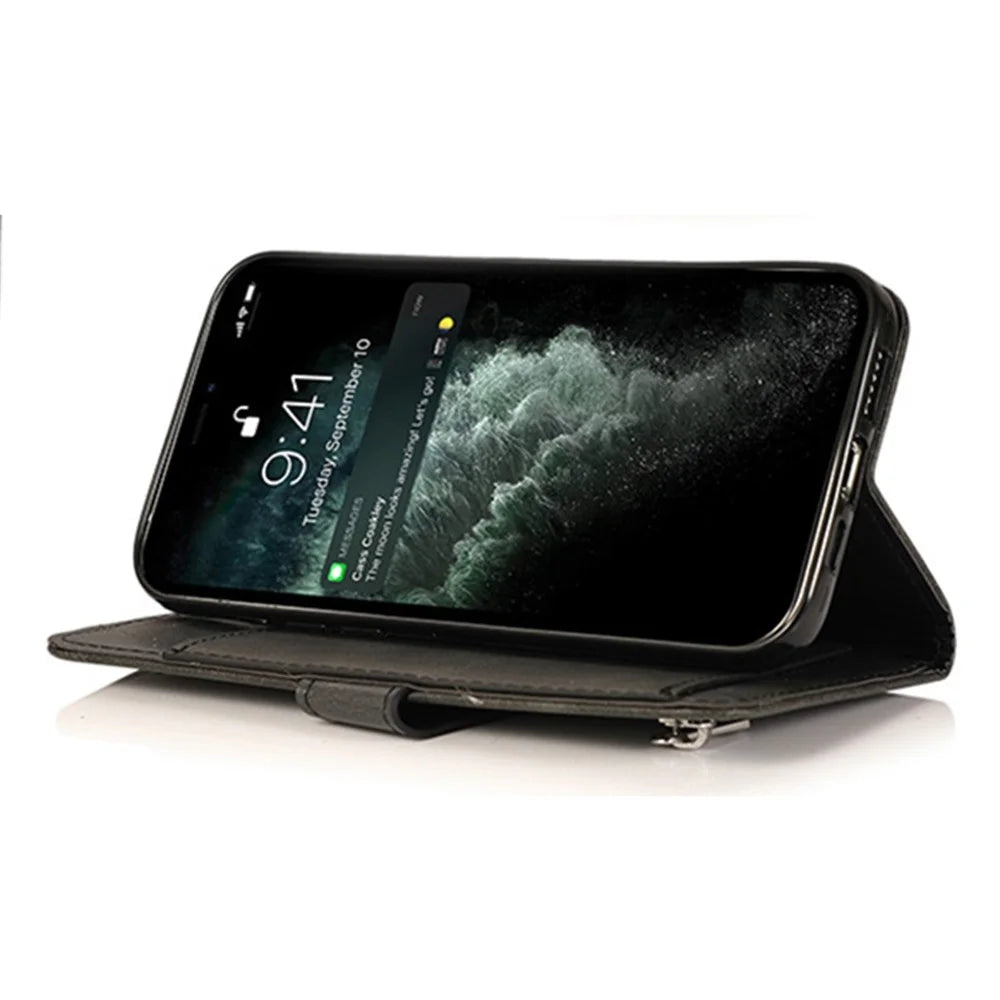 For iPhone 15 Pro Zipper Pocket Phone Case 5 Card Slots Calf Texture PU Leather Stand Cover - Black - 3