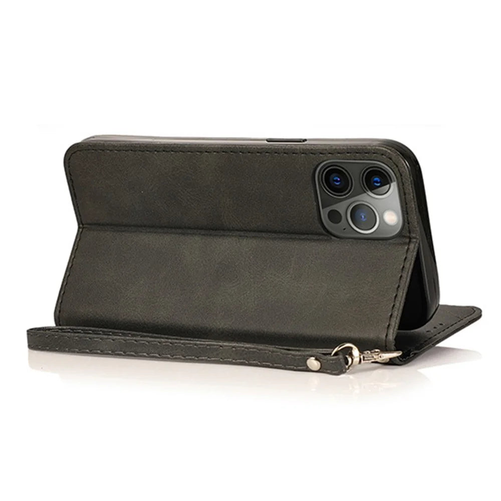 For iPhone 15 Pro Zipper Pocket Phone Case 5 Card Slots Calf Texture PU Leather Stand Cover - Black - 4