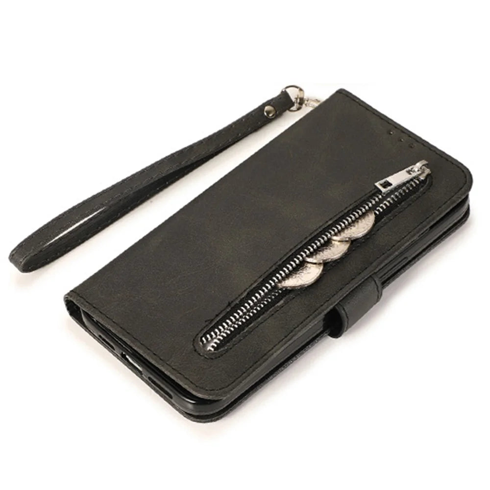 For iPhone 15 Pro Zipper Pocket Phone Case 5 Card Slots Calf Texture PU Leather Stand Cover - Black - 5