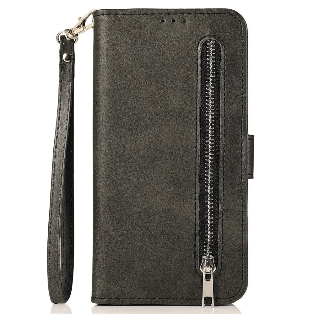 For iPhone 15 Pro Zipper Pocket Phone Case 5 Card Slots Calf Texture PU Leather Stand Cover - Black - 6