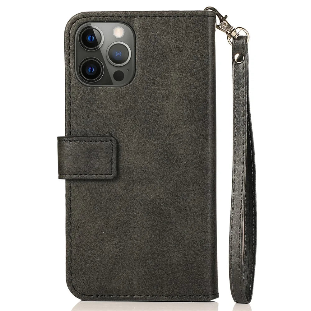 For iPhone 15 Pro Zipper Pocket Phone Case 5 Card Slots Calf Texture PU Leather Stand Cover - Black - 7