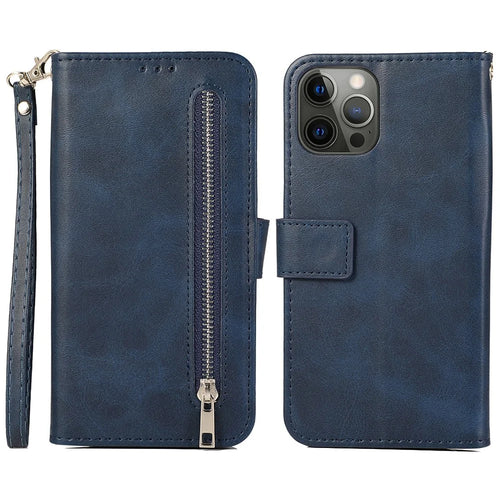 For iPhone 15 Pro Max 5 Card Slots Phone Leather Case Calf Texture Zipper Wallet Stand Phone Cover - Blue - 1