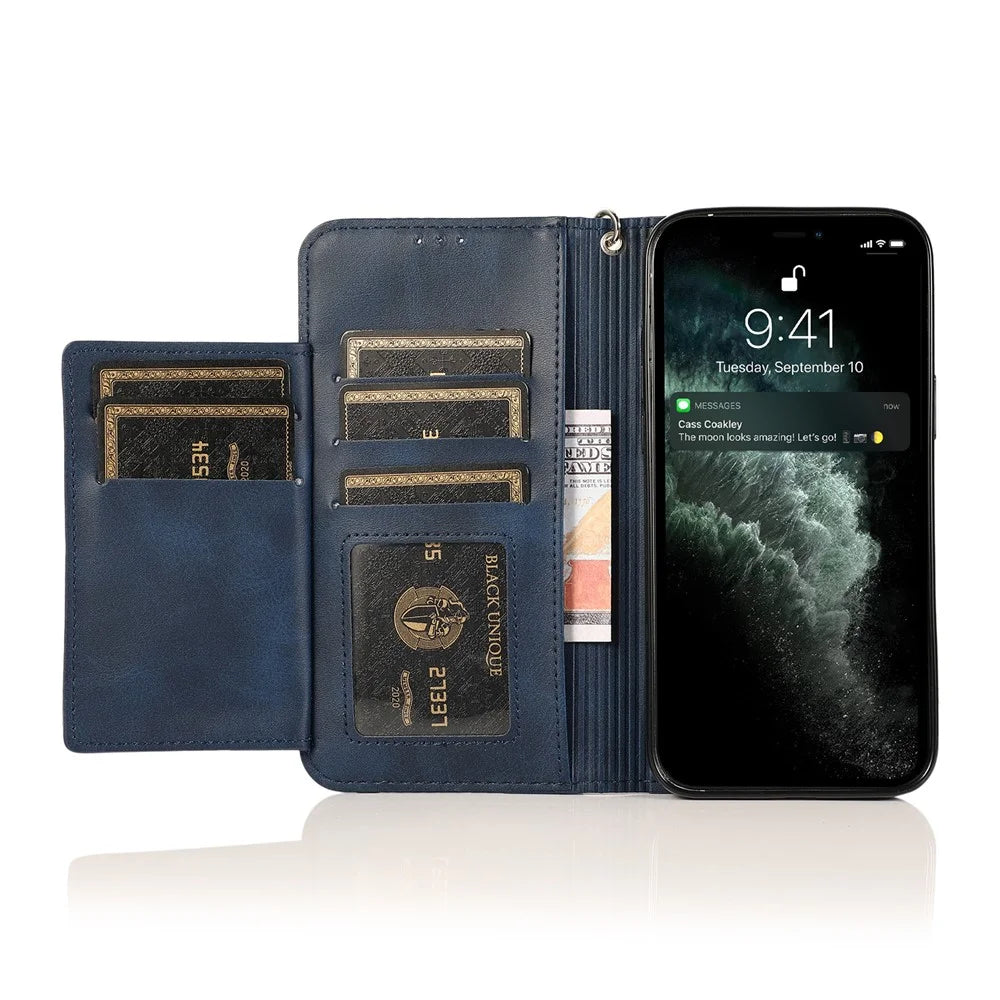 For iPhone 15 Pro Max 5 Card Slots Phone Leather Case Calf Texture Zipper Wallet Stand Phone Cover - Blue - 2