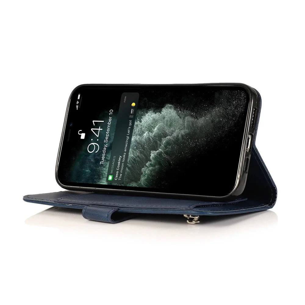 For iPhone 15 Pro Max 5 Card Slots Phone Leather Case Calf Texture Zipper Wallet Stand Phone Cover - Blue - 3