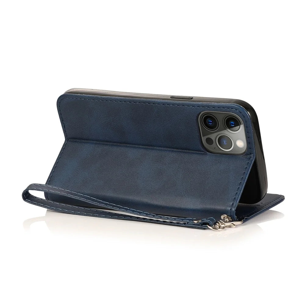 For iPhone 15 Pro Max 5 Card Slots Phone Leather Case Calf Texture Zipper Wallet Stand Phone Cover - Blue - 4