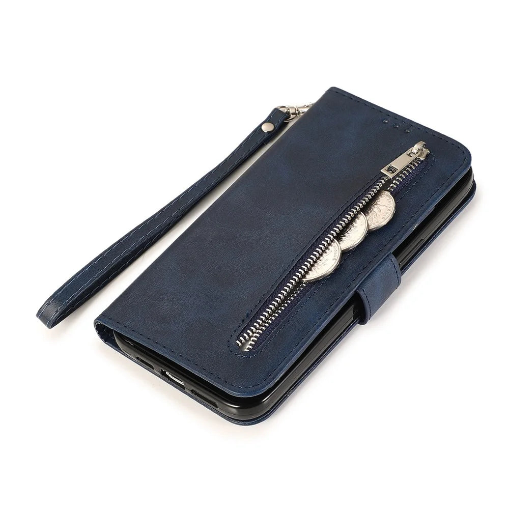 For iPhone 15 Pro Max 5 Card Slots Phone Leather Case Calf Texture Zipper Wallet Stand Phone Cover - Blue - 5
