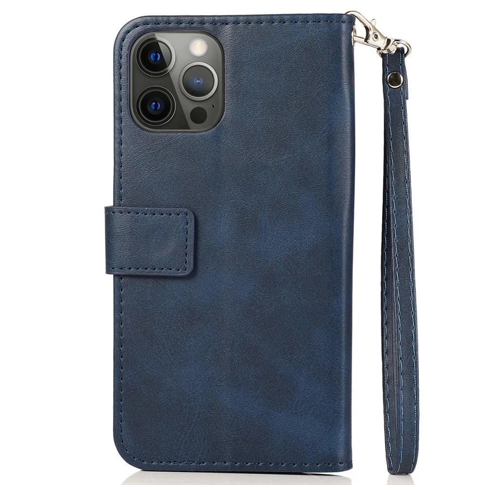 For iPhone 15 Pro Max 5 Card Slots Phone Leather Case Calf Texture Zipper Wallet Stand Phone Cover - Blue - 6