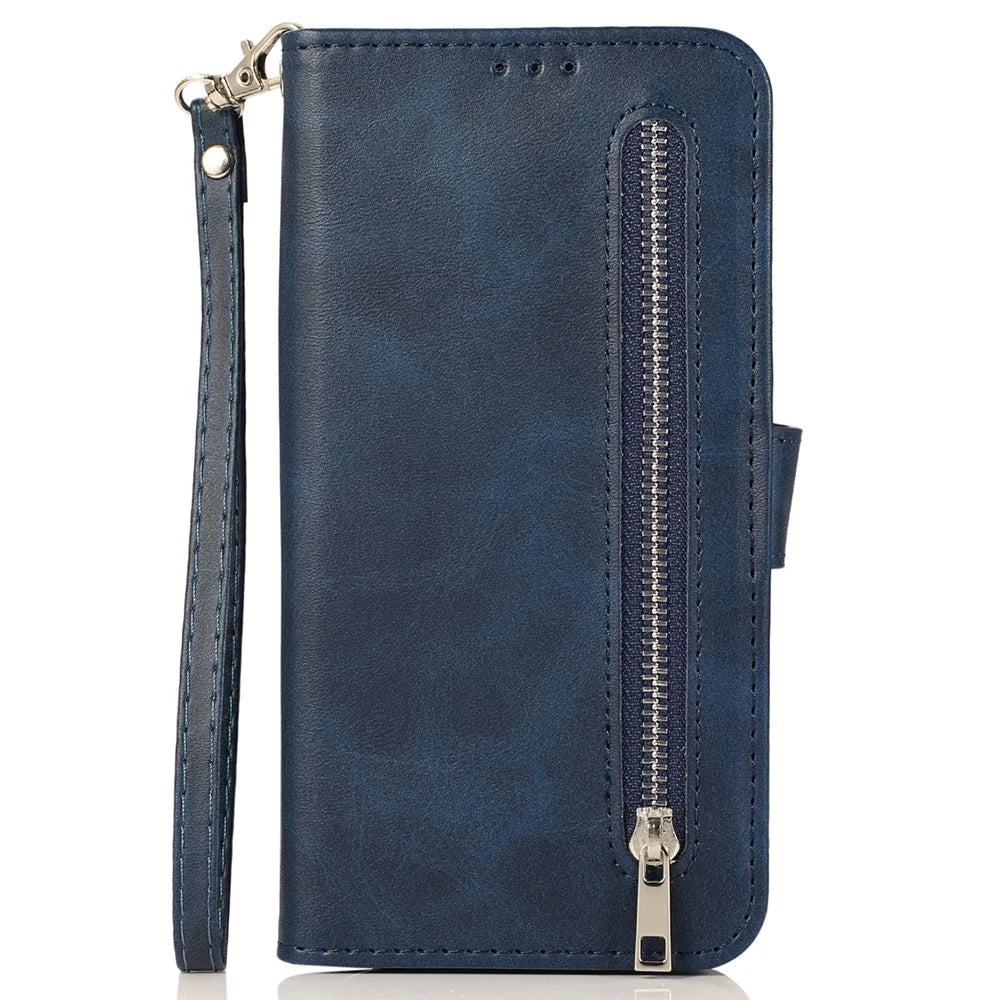 For iPhone 15 Pro Max 5 Card Slots Phone Leather Case Calf Texture Zipper Wallet Stand Phone Cover - Blue - 7