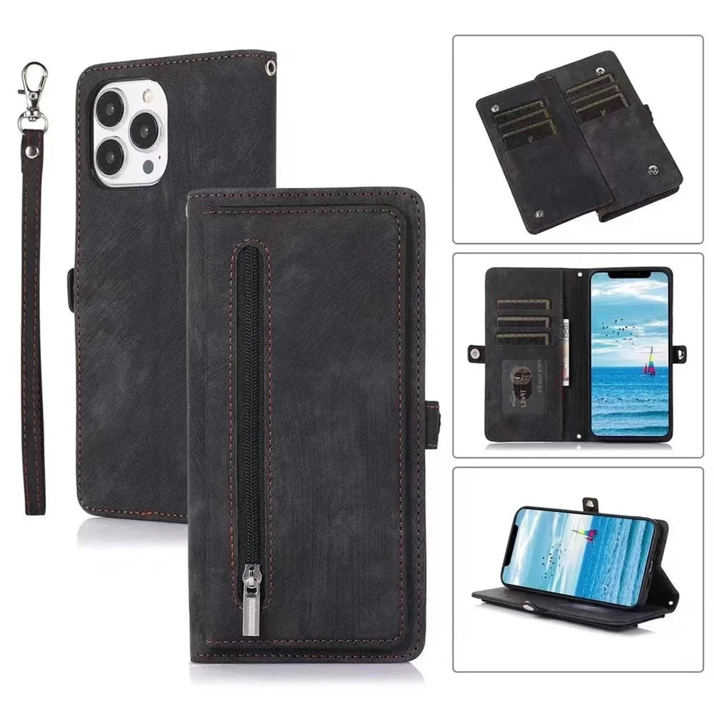 For iPhone 15 Pro Max Stand Wallet Case 9 Card Slots Zipper Pocket PU Leather Phone Cover with Strap - Black - 1