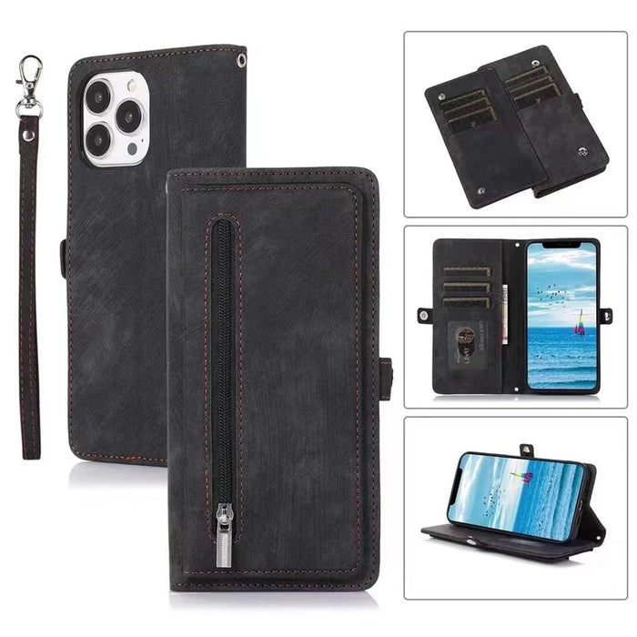 For iPhone 15 Pro Max Stand Wallet Case 9 Card Slots Zipper Pocket PU Leather Phone Cover with Strap - Black - 1