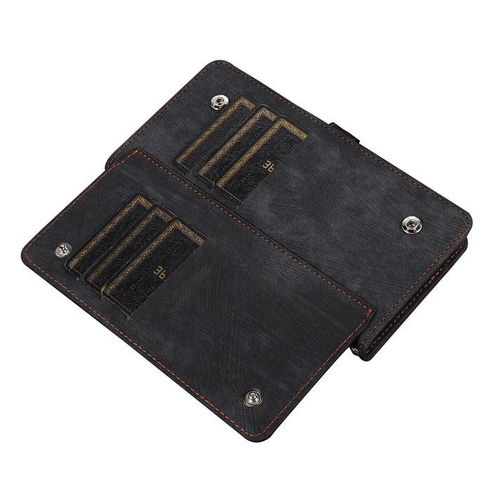 For iPhone 15 Pro Max Stand Wallet Case 9 Card Slots Zipper Pocket PU Leather Phone Cover with Strap - Black - 2