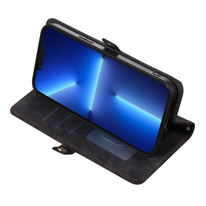For iPhone 15 Pro Max Stand Wallet Case 9 Card Slots Zipper Pocket PU Leather Phone Cover with Strap - Black - 4