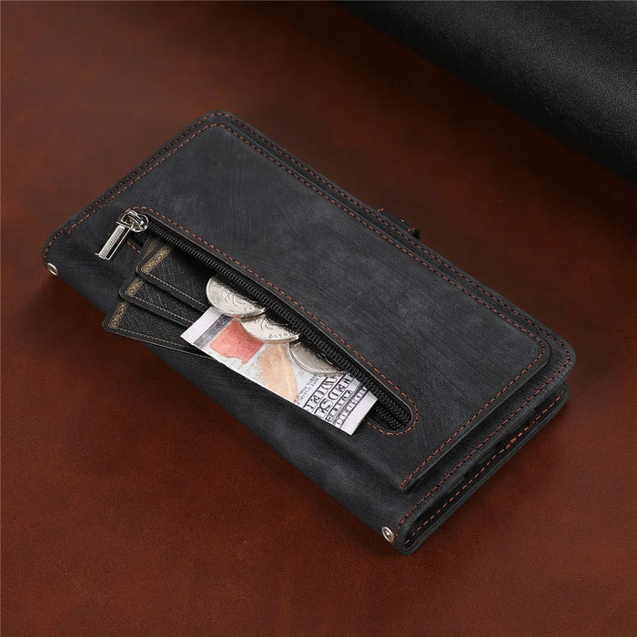 For iPhone 15 Pro Max Stand Wallet Case 9 Card Slots Zipper Pocket PU Leather Phone Cover with Strap - Black - 6