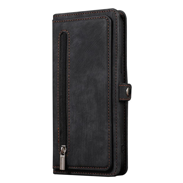 For iPhone 15 Pro Max Stand Wallet Case 9 Card Slots Zipper Pocket PU Leather Phone Cover with Strap - Black - 7