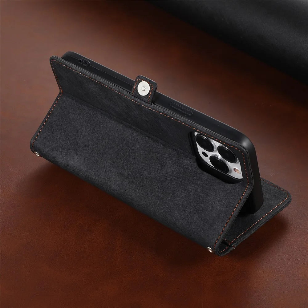 For iPhone 15 Pro Foldable Stand Wallet Case 9 Card Slots Zipper Pocket PU Leather Phone Cover with Strap - Black - 5