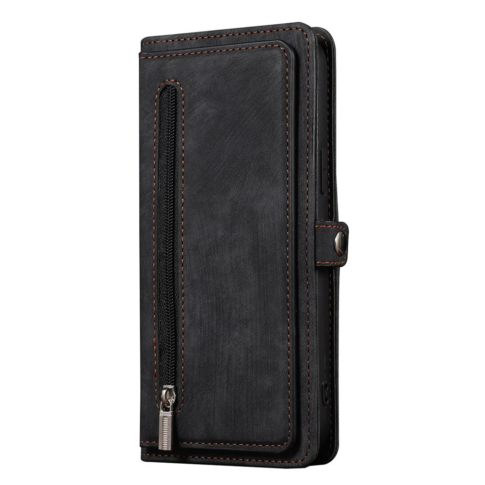 For iPhone 15 Plus Viewing Stand Wallet Case 9 Card Slots Zipper Pocket PU Leather Phone Cover with Strap - Black - 7