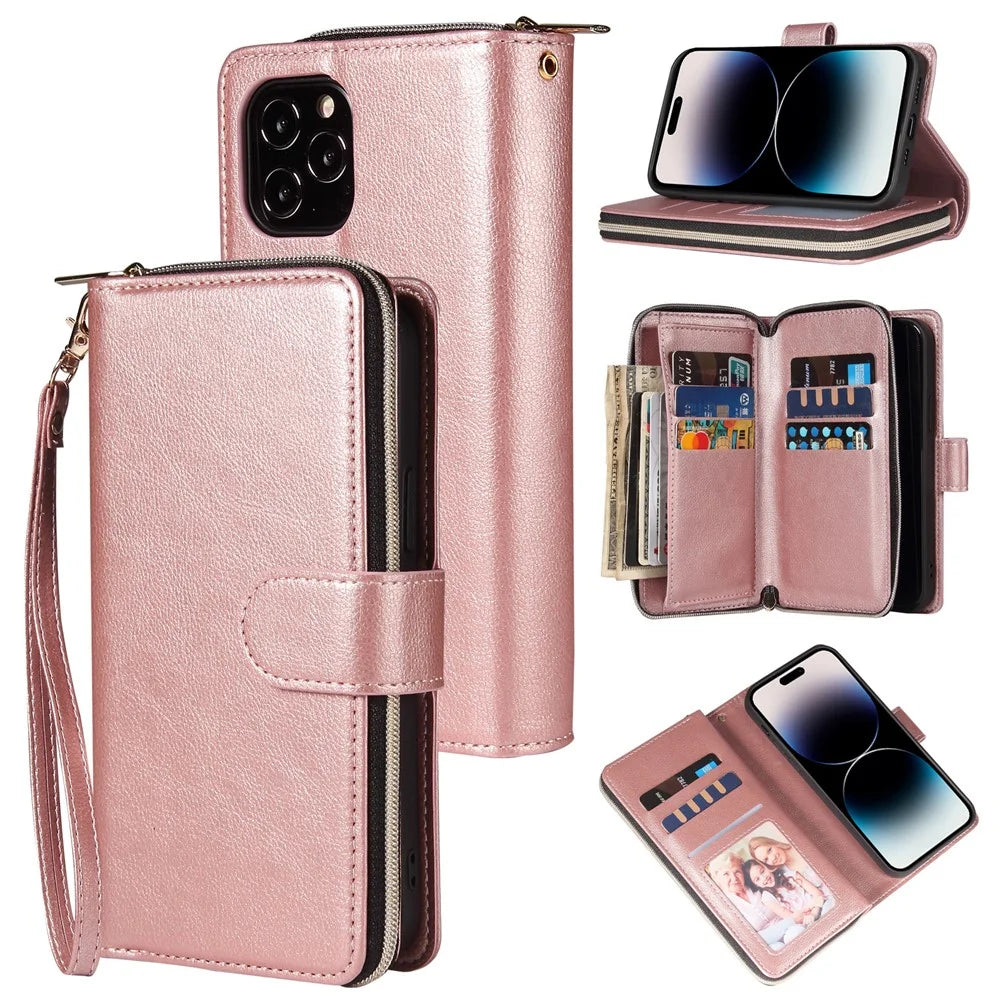 For iPhone 15 Anti-scratch PU Leather Zipper Pocket Stand Case 9 Card Slots Wallet Phone Cover with Strap - Rose Gold - 1