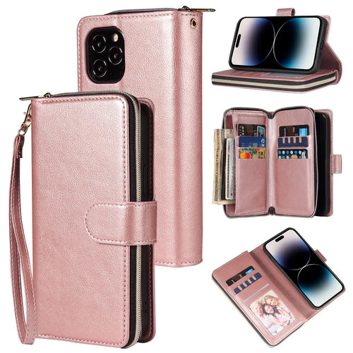 For iPhone 15 Anti-scratch PU Leather Zipper Pocket Stand Case 9 Card Slots Wallet Phone Cover with Strap - Rose Gold - 1