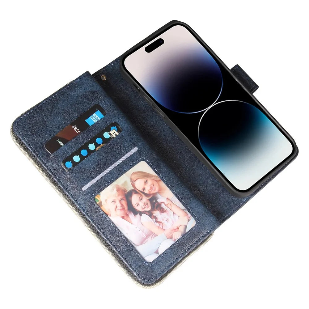For iPhone 15 Anti-scratch PU Leather Zipper Pocket Stand Case 9 Card Slots Wallet Phone Cover with Strap - Rose Gold - 2