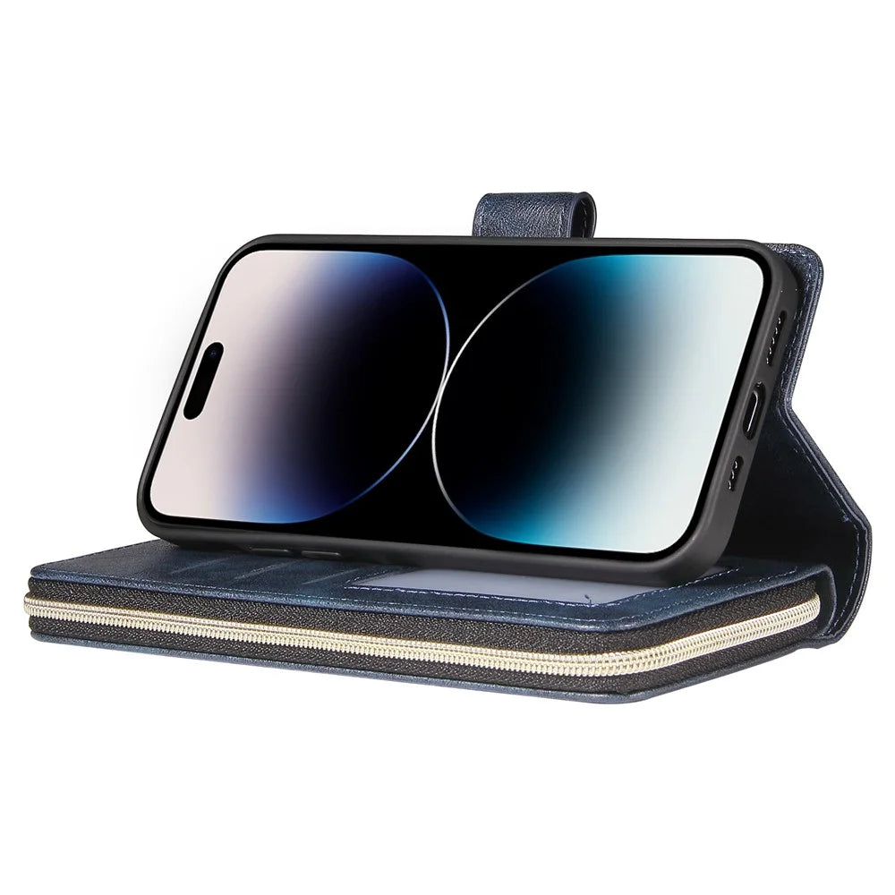 For iPhone 15 Anti-scratch PU Leather Zipper Pocket Stand Case 9 Card Slots Wallet Phone Cover with Strap - Rose Gold - 3