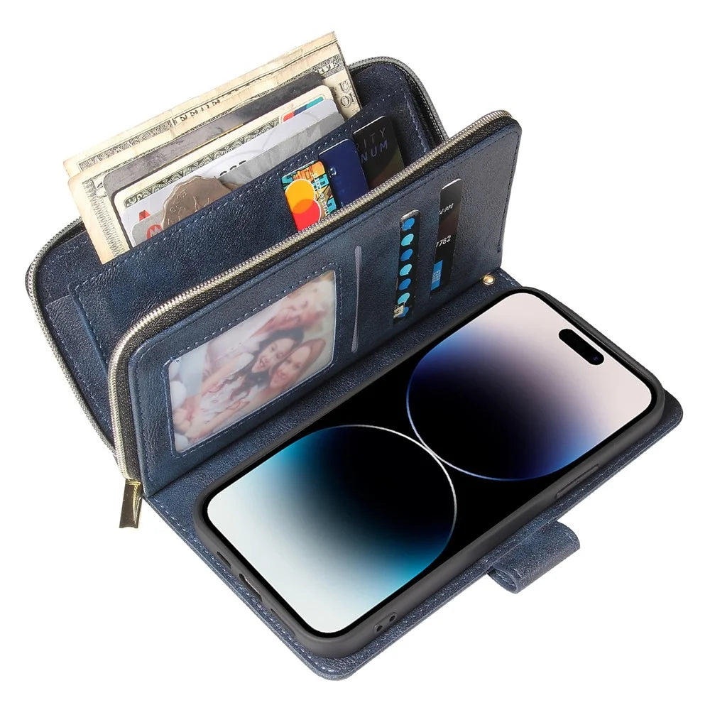 For iPhone 15 Anti-scratch PU Leather Zipper Pocket Stand Case 9 Card Slots Wallet Phone Cover with Strap - Rose Gold - 4