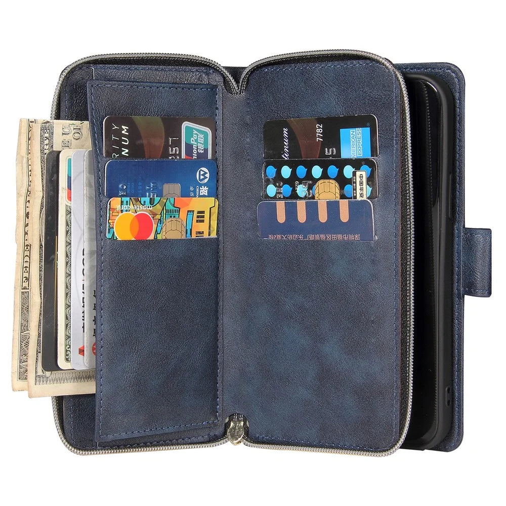 For iPhone 15 Anti-scratch PU Leather Zipper Pocket Stand Case 9 Card Slots Wallet Phone Cover with Strap - Rose Gold - 5