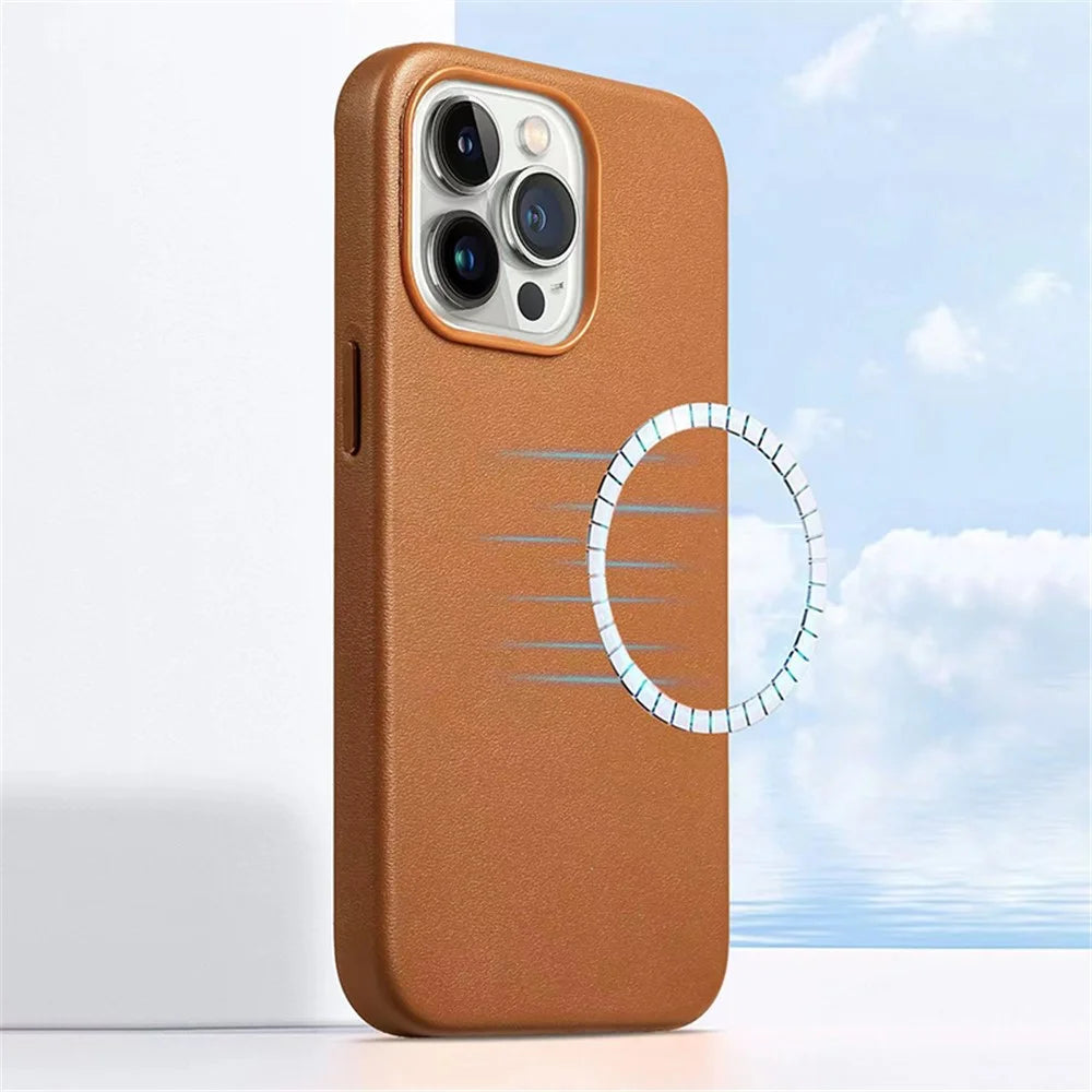 Anti-Drop Phone Cover for iPhone 15 Pro Magnetic PU+PC Phone Case Compatible with MagSafe Charger - Brown - 3