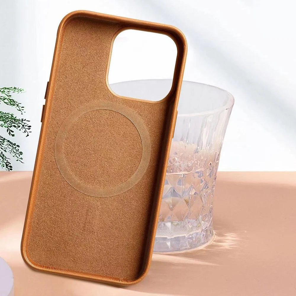Anti-Drop Phone Cover for iPhone 15 Pro Magnetic PU+PC Phone Case Compatible with MagSafe Charger - Brown - 5