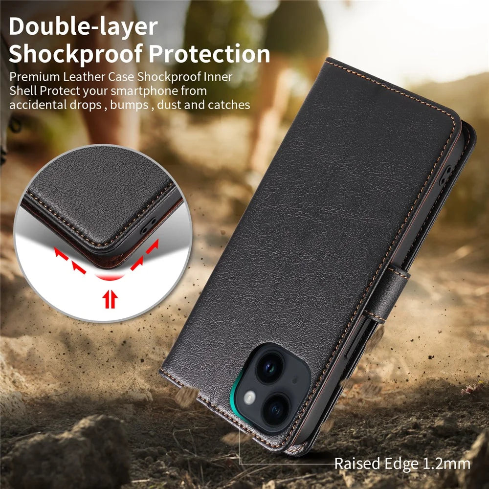 001 For iPhone 15 RFID Blocking Wallet Magnetic Closure Phone Case PU Leather Stand Cover - Black - 6