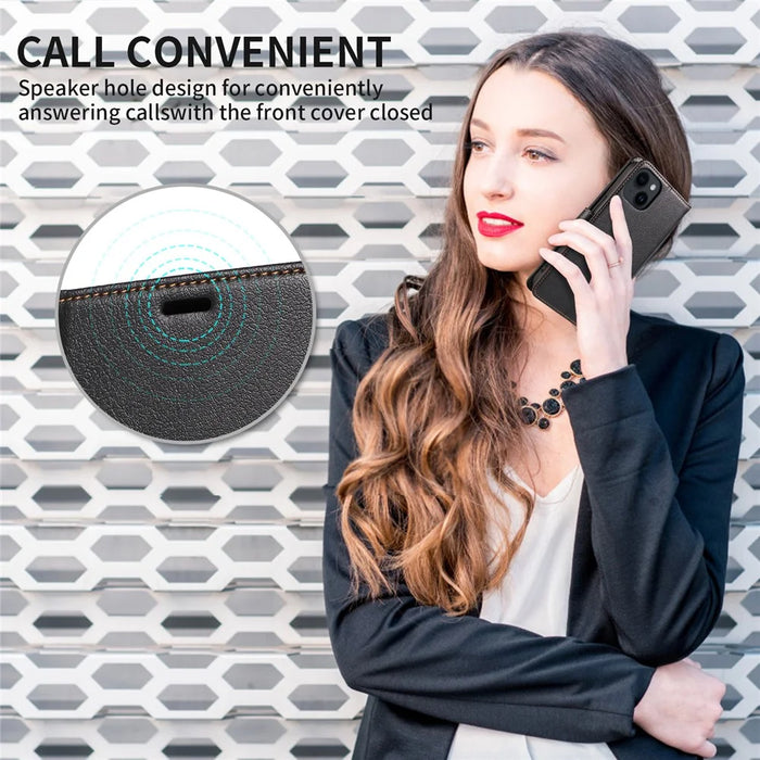 001 For iPhone 15 RFID Blocking Wallet Magnetic Closure Phone Case PU Leather Stand Cover - Black - 7