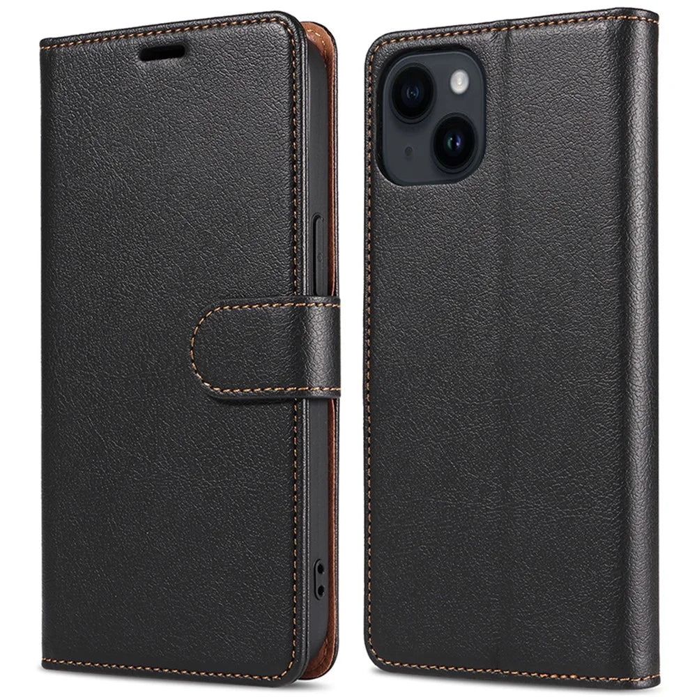 001 For iPhone 15 Pro Max Magnetic Closure Phone Case RFID Blocking Wallet  PU Leather Stand Cover - Black - 1